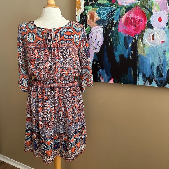 Enfocus Studio Boho Print Peasant Dress Women's Size 10 - Picture 1 of 11